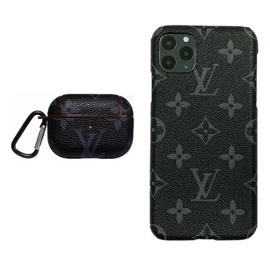 BLACK 'L' MONOGRAM INSPIRED IPHONE & AIRPOD PRO CASE